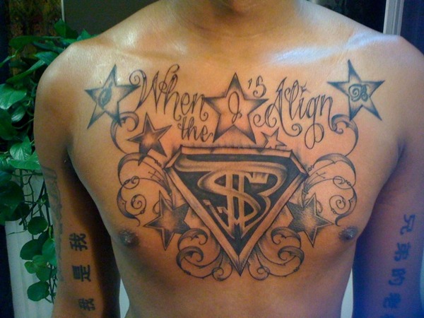 tattoos of stars on chest. “When the Stars Align” Chest Piece. 3 Stars with S,J,B, inside of them which 